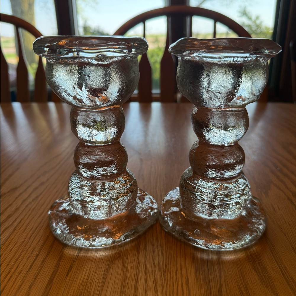 2 (SELLING SEPARATELY) Heavy Vintage Clear Glass Brutalist Candle Holders